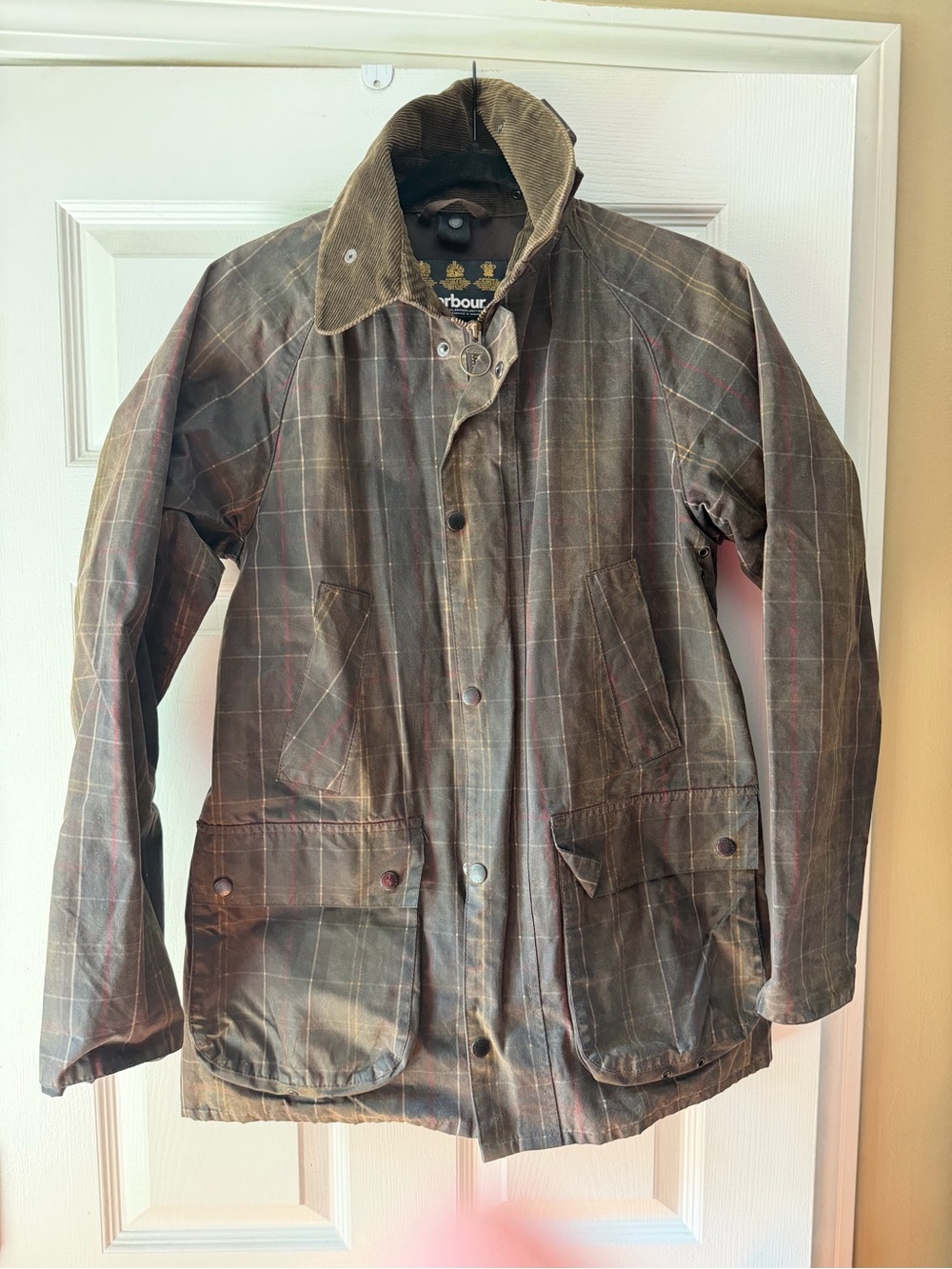 Barbour Slim Line SL Bedale Waxed Tartan Print Brown Corduroy Collar Small Rare